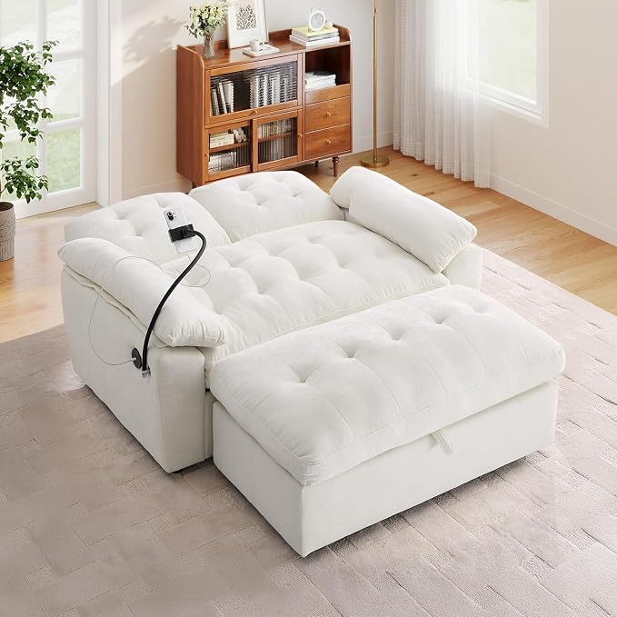 Oversized Chaise Lounge Chair Indoor with Ottoman&Adjustable Backrest,Chenille Tufted Recliner Comfy Loveseat Sofa Chair with USB&Phone Holder,Convertible Sleeper Couch Bed for Living Room(56"W,Beige)