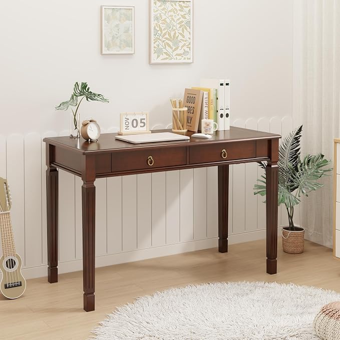 LEEMTORIG Vintage Solid Wood Writing Desk with 2 Drawers, 46.1" W Large Secretary Desk, Cherry Wood Writing Table for Home Office, Traditional French Provincial Mahogany Desk, Cherry Walnut BSZ-D1258