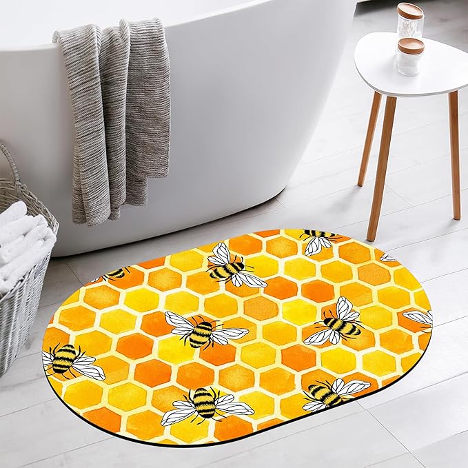 Diatomaceous Mud Bath Mat Yellow Honeycomb and Bees Oval Soft Wrinkle Free Bathroom Floor Rugs Non-Slip Super Absorbent Fast Drying Bath Rug for Bathroom Kitchen Door Mat 23.6x15.7 Inches