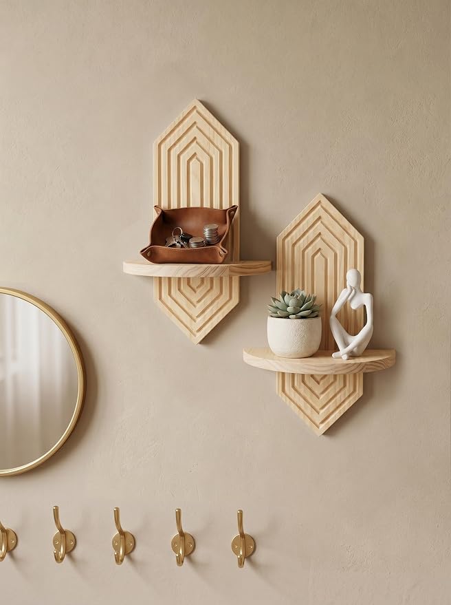 2 Pcs Floating Shelves for Wall, Pine Wood Boho Wall Decor, Mid Century Modern Decor Plant Wall Shelf, Vertical Wall Plant Holder,for Living Room,Bedroom,Nursey Room (Natural)
