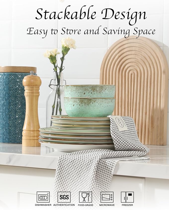 Sweejar Dinnerware Sets Service for 4, 12 pcs Porcelain Plates and Bowls for Kitchen, Housewaring Gift, Chip and Scratch Resistant Dish Set, Handmade Dishwasher and Microwave Safe Plate Set, Green