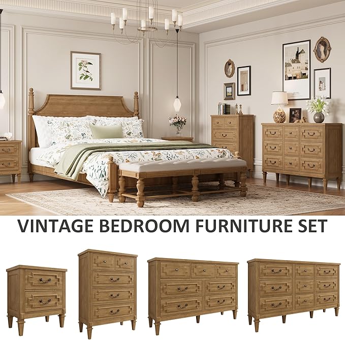 9 Drawer Dresser for Bedroom, 35.7" Tall Dresser & Chest of Drawers wtih Vintage Surface, Closet Storage Cabinet for Living Room, Hallway, Natural Oak