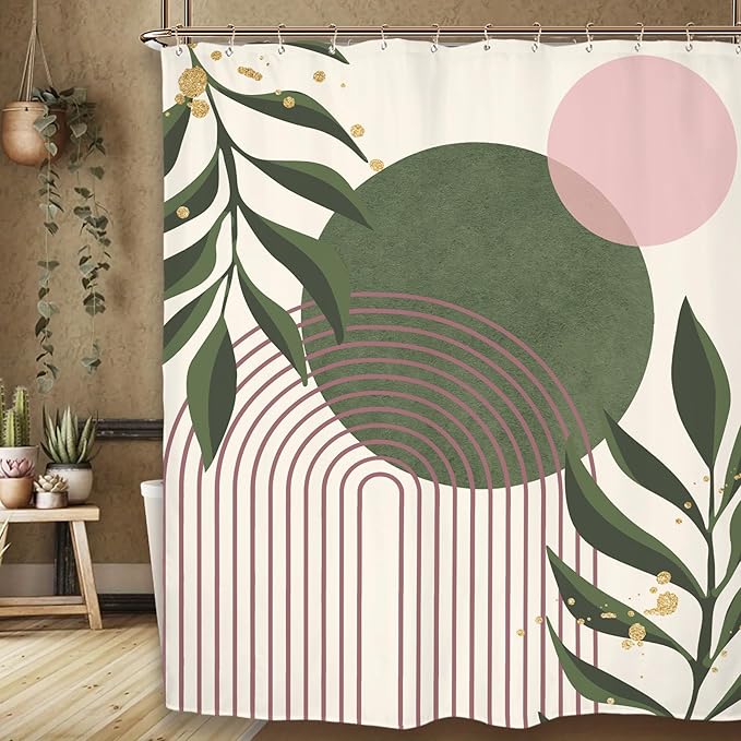 Miyotaa Abstract Minimalist Sage Green Pink Shower Curtain Set 60Wx71H Inches Aesthetic Modern Geometric Neutral Contemporary Plant Leaves Polyester Waterproof Bathroom Curtain with 12 Hooks