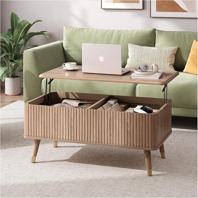 Lift Top Coffee Table with Storage, Mid Century Modern Rectangular Center Table, Fluted Design with Hidden Compartment, Rising Desk for Work from Home, Living Room Furniture, Oak Finish