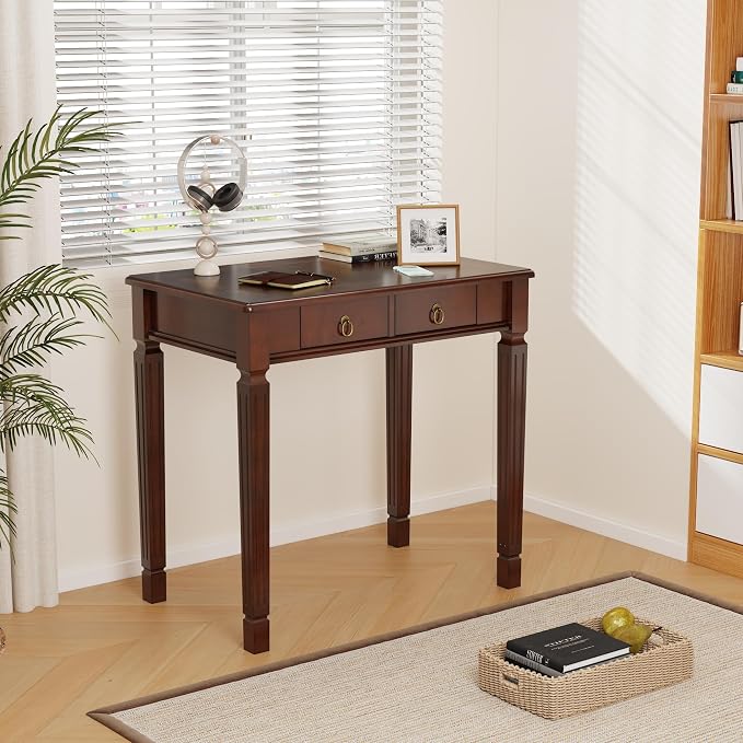 Cherry Walnut Writing Desks with Drawers, 31.5" Mid-Century Modern Computer Desk for Home Office, Secretary Desk for Living Room Study or Workspace, Easy Assembly Vanity Desk, SSZD1258