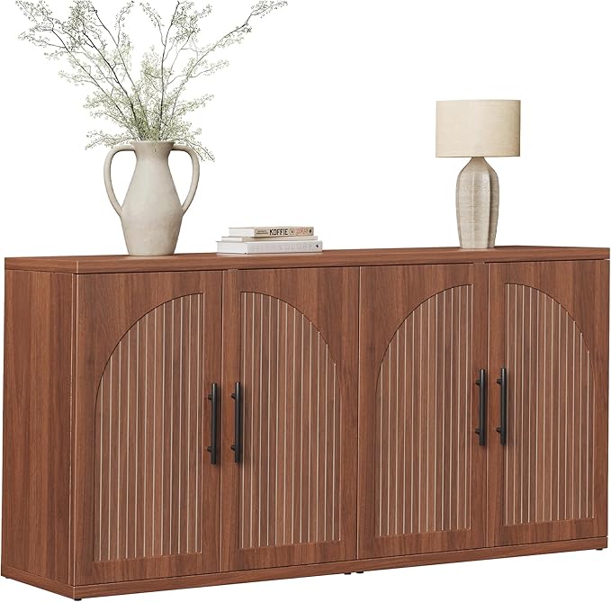 63" Fluted Buffet Cabinet with Storage, Mid-Century Symmetrical Arched Sideboard Credenza with Adjustable Shelf, Large Wood Console Table for Dining Room, Kitchen, and Living Room (Walnut)