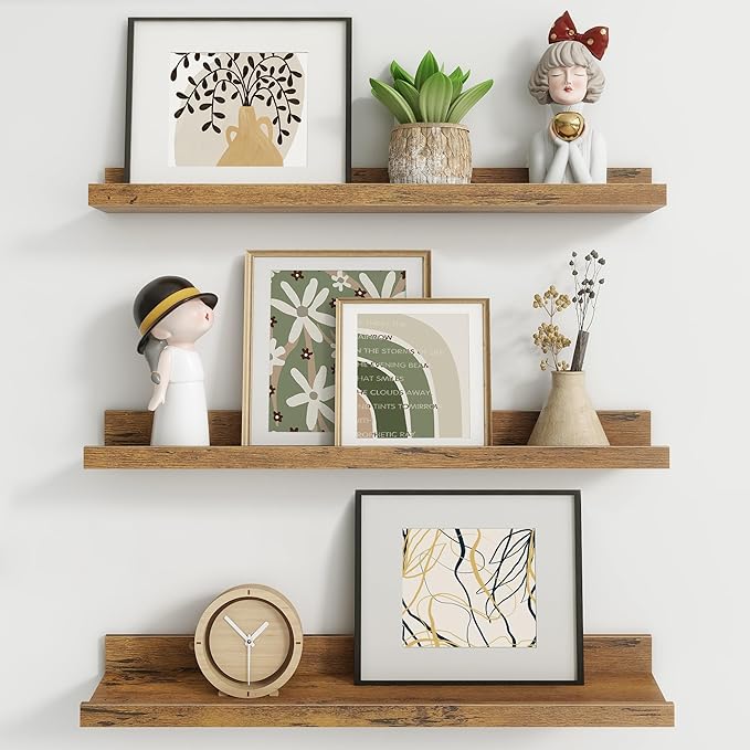 Axeman Picture Ledge Shelf | 24 Inch Brown Floating Shelves Set of 3 | Rustic Brown Wood Wall Shelves with Lip | 24" Picture Shelf for Wall with Ledge | Photo Shelves