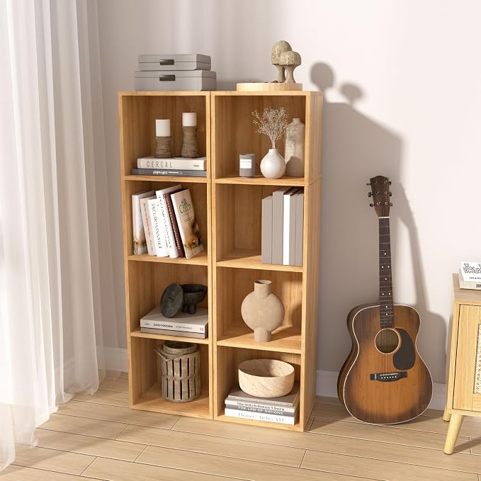 4-Tier Wooden Cube Storage Organizer, 42 Inch Tall Bookcase & Display Shelf with 4 Open Cubes, Freestanding DIY Closet Shelving Unit for Living Room Bedroom Office (Oak, 4 Cube-W(11.8inch)