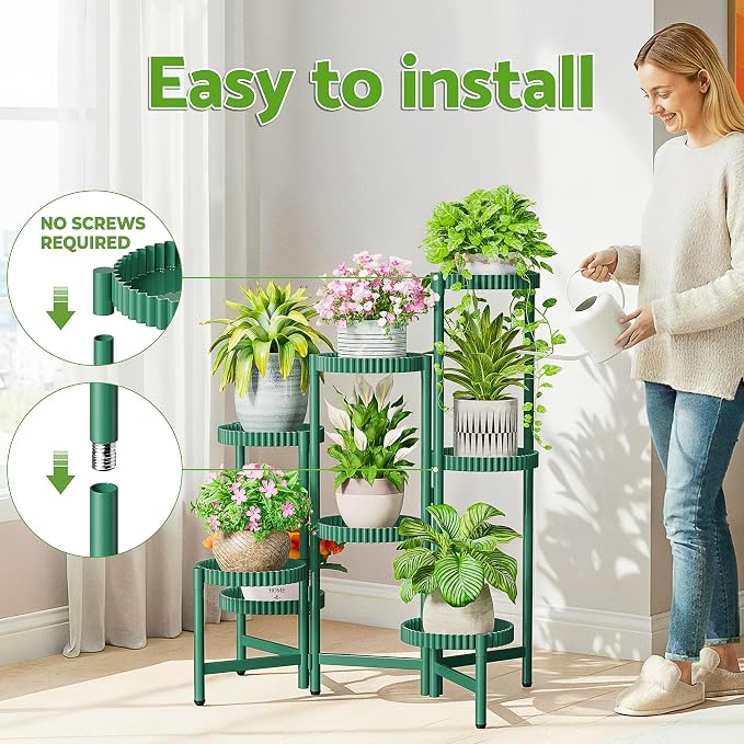 8 Tier Large Plant Stand Indoor, 7.9 Inch Wide Tall Corner Metal Plant Stands Outdoor for Multiple Plants, Foldable Tiered Plant Stand for Living Room Balcony Garden Patio - GreenFloroma