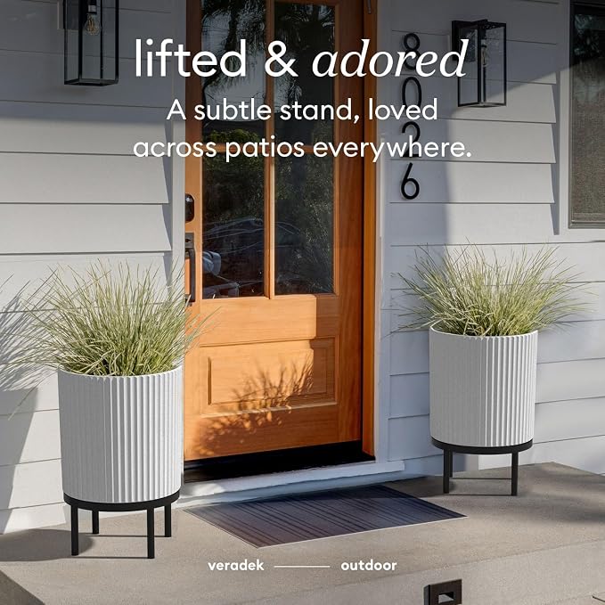 Veradek Demi Series Round Planter w/Stand for Porch/Patio | Durable Plastic-Stone Composite & Wooden Stand | Modern Décor for Tall Plants, Flowers