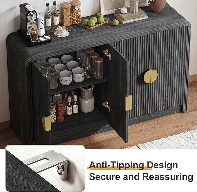 Decofy 55" Buffet Sideboard Cabinet, Modern Mid Century Console Cabinet with Adjustable Shelves & Wavy Grain Doors for Kitchen Cabinets, Living Room, Entryway, Coffee Bar Cabinet (Black Walnut)