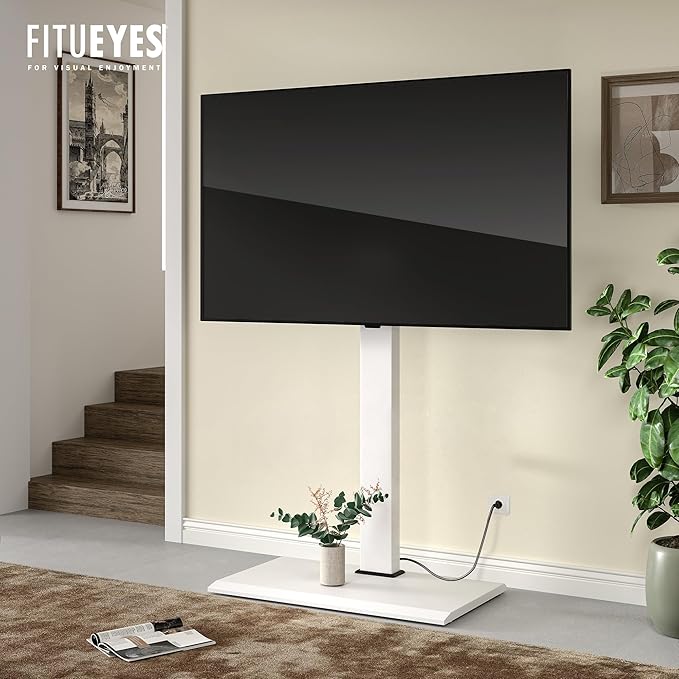 FITUEYES Iron Base Floor TV Stand with Power Strip, Tall TV Stand with Swivel Mount for 50-85 Inch Plasma Flat Panel or Curved Screen TVs Height Adjustable Wire Management(White,with Power Outlet)