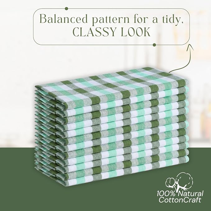 Checked Kitchen Towels 4 Pack, 18"x26", 100% Cotton, Absorbent Dish Towels for Kitchen Drying, Reusable Dishcloths for Cleaning, Quick Dry Wash Rags - Mint Green, Aqua Green, White
