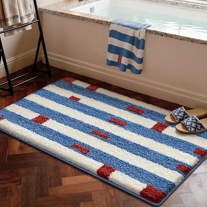 LUMI Bathroom Rugs with Blue White Stripe, Soft Absorbent Bath Mat for Modern Home Decor, Non-Slip Quick-Dry Bath Rug, Machine Washable Floor Mat for Shower and Tub, Entryway, 20"x32"