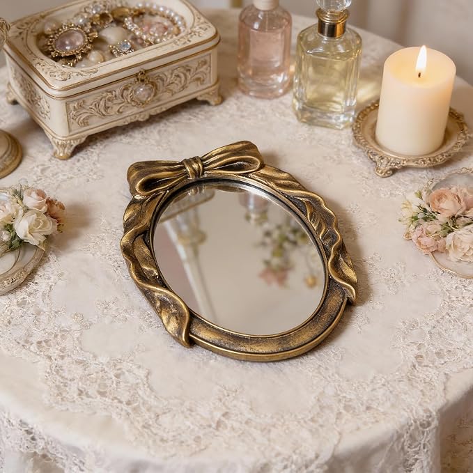 Vintage Round Vanity Desk Mirror - 8x6Inch Elliptical Tabletop Decorative Ornate Gold Accent Retro Makeup Mirror for Bedroom Dresser Living Room Bathroom Dorm Champagne Gold