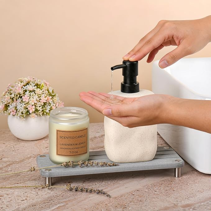 Modern Ceramic Soap Dispenser, Beige Speckled Finish, Black Pump Top, Refillable Liquid Container for Bathroom Kitchen (Beige, 2 Pack)