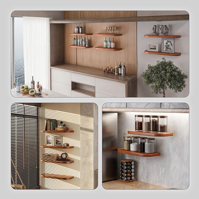 BATODA 17" Acacia Wood Floating Shelves Wall Mounted (Round Edge) – Rustic Farmhouse Wooden Wall Storage Shelf for Bedroom, Kitchen - Brackets and Shelving Hardware Included (Acacia Color)