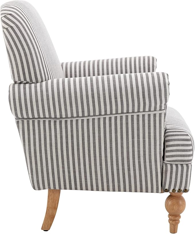 Linen Accent Chairs Set of 2 Mid-Century Modern Living Room Armchair with Nailhead Trim & Wood Legs Comfy Upholstered Single Sofa Chair for Lounge/Bedroom/Reception, Black Stripe