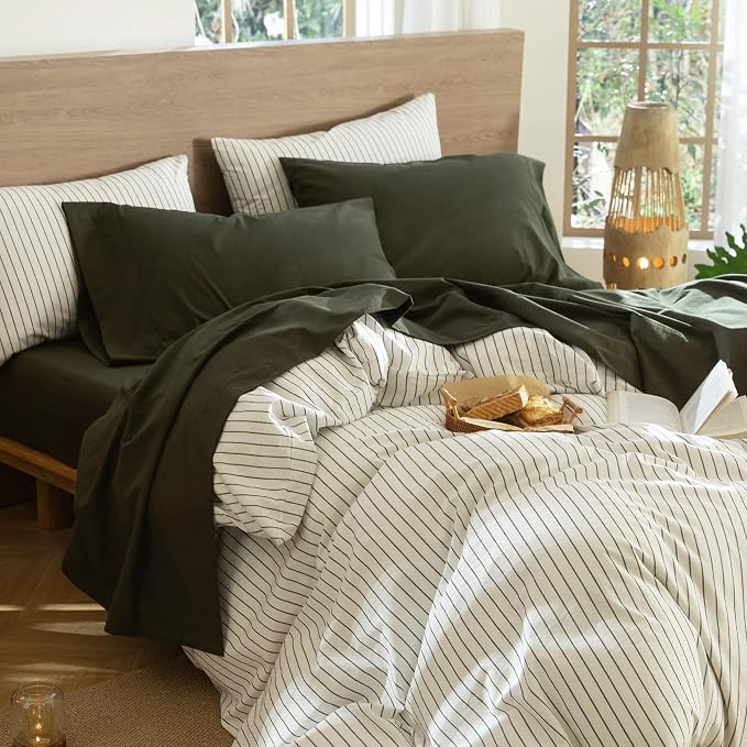 MooMee Bedding Sheet Set 100% Washed Cotton Linen Like Textured Breathable Durable Soft Comfy (Solid Olive Green, King)