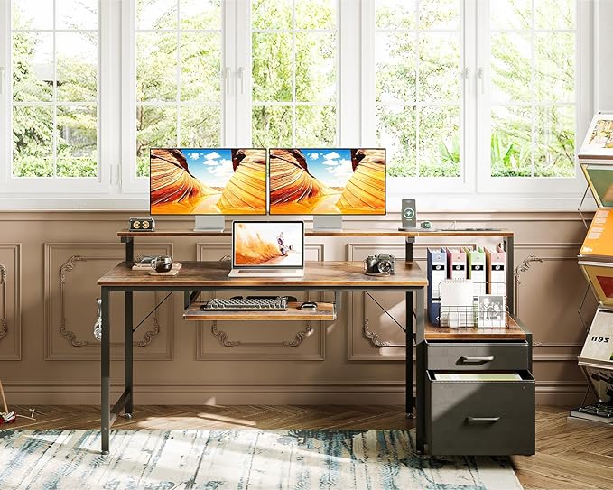 AODK Computer Desk with Drawers, 55" Office Desk with Keyboard Tray and Power Outlet, Reversible Study Work Desk with Printer Space and File Drawers Cabinet for Home Office, Vintage