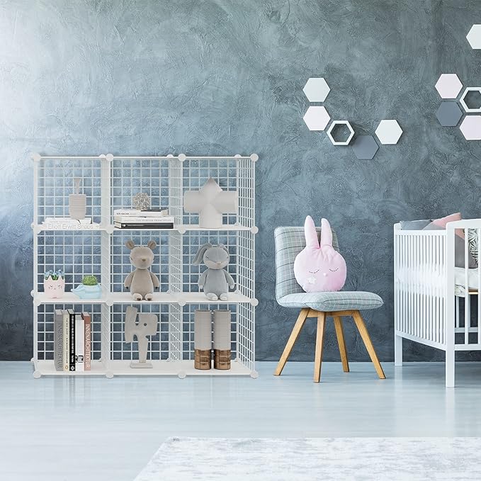 HUBSON Wire Cube Storage Organizer, Book/Toy/Craft/Potted Plants and Pet Closet Organizers, 16-Cube Freely Combinable Metal Grid Storage Shelves, White Plus Iron