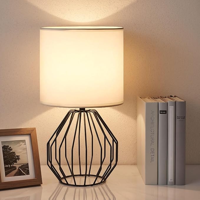 Small Table Lamp Black, Modern Minimalist Desk Lamp with Metal Base White Fabric Shade, Bedside Nightsand Table Lamp for Bedroom, Living Room, Kis Room
