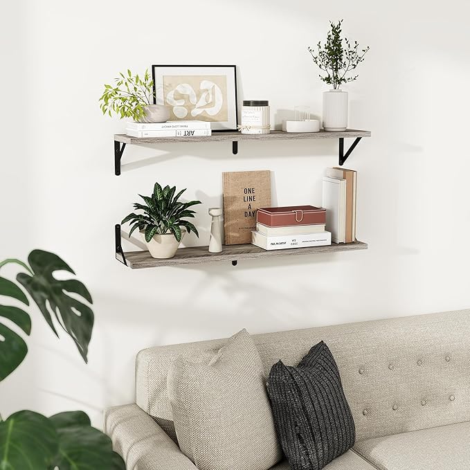 Dreamland Grey Floating Shelf 36 inch, 36W x 8D Wall Mounted Shelves Set of 2, Wide Display Ledge Shelf with Sturdy Metal Brackets for Living Room, Bathroom, Bedroom and Kitchen