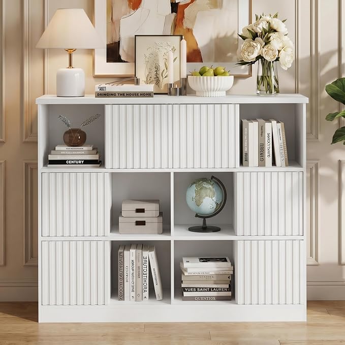 Einhomn 12 Cube Storage Organizer with Sliding Doors, Modern Fluted Bookshelf with Storage Cabinet, Wooden Bookcase with 6 Open Shelves for Living Room, Home Office, Bedroom, White