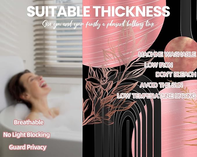 Black and Pink Shower Curtain Boho Mid Century Dark Pink and Gray Shower Curtains for Bathroom Decor, Waterproof Cloth Fabric with Hooks, 60" W x 72" L
