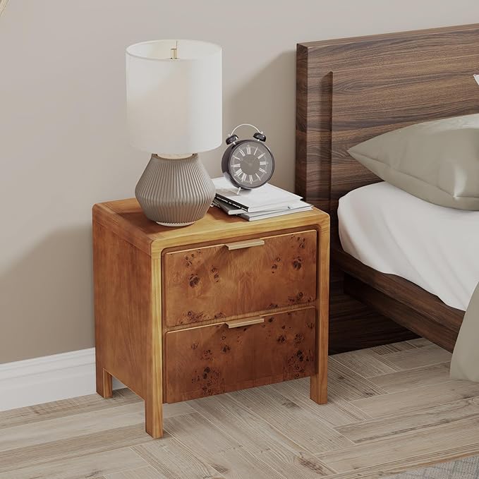COZAYH Farmhouse Nightstand Set of 2 with 2 Drawer, Distressed Wood Rustic Accent Bedside Table, Burl Finish Side Table for Bedroom, Entryway, Fully Assembled, Brown