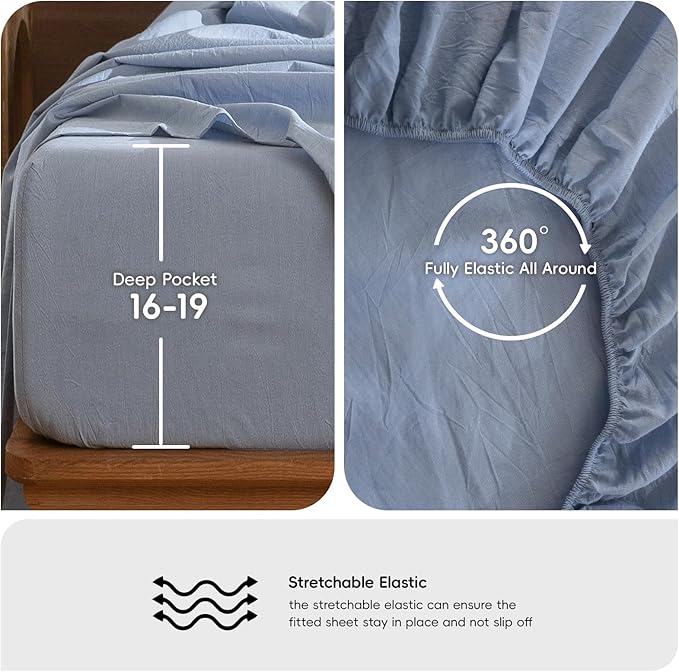 MooMee Bedding Sheet Set 100% Washed Cotton Linen Like Textured Breathable Durable Soft Comfy (Heathered Cornflower Blue, Full)