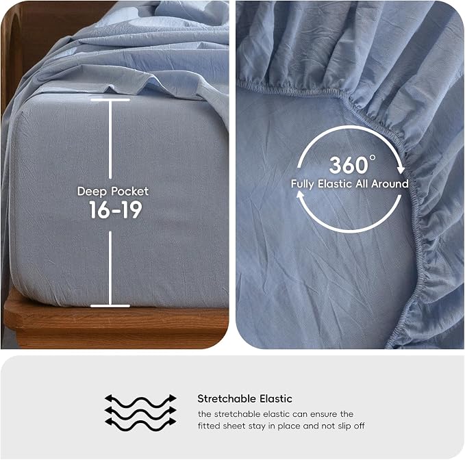 MooMee Bedding Sheet Set 100% Washed Cotton Linen Like Textured Breathable Durable Soft Comfy (Heathered Cornflower Blue, Twin)