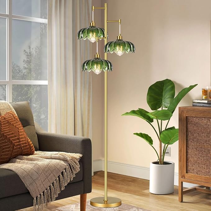 ILLMTW Glass Gold Floor Lamp for Living Room,Bedroom,Mid Century Modern Standing Lamp Brass Tree 3 Light Tall Floor Lamps Vintage Retro Floor Lights Green Flower Lamp Shade Farmhouse Boho Bohemian