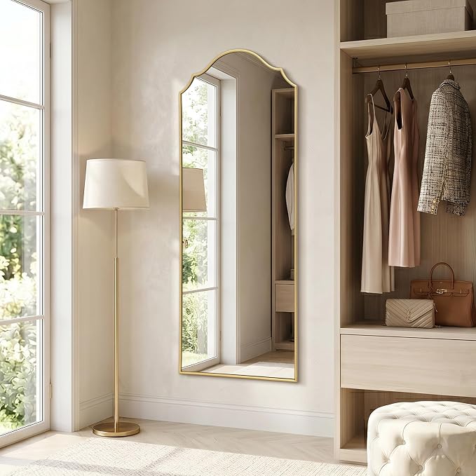 Besdomus Scalloped Full Length Mirror: 21"x56" Gold Arched Floor Mirror - Minimalist Modern Wooden Frame Body Long for Wall/Bedroom/Cloakroom/Entryway/Living Room - Home Decor for Housewife