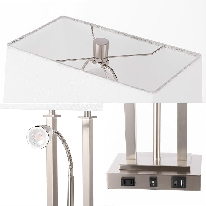 JONATHAN Y 23.75" Nickel 2-Light Modern Farmhouse LED Table Lamp with USB, White Linen Shade, AC Outlet, Adjustable Reading Light for Bedside Nightstand and Living Room (JYL1144C)