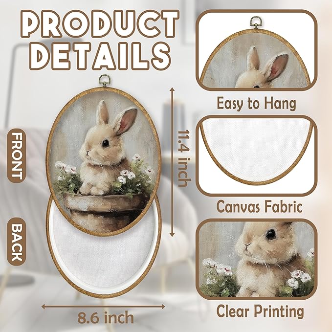 CGBHW Vintage Floral Easter Bunny Oval Wall Art Decor, Rustic Easter Canvas Prints Framed, Cottagecore Flower Rabbit Wall Art Hanging Decor for ome Bedroom Home Kitchen Living Room, 8.6x11.4 Inch