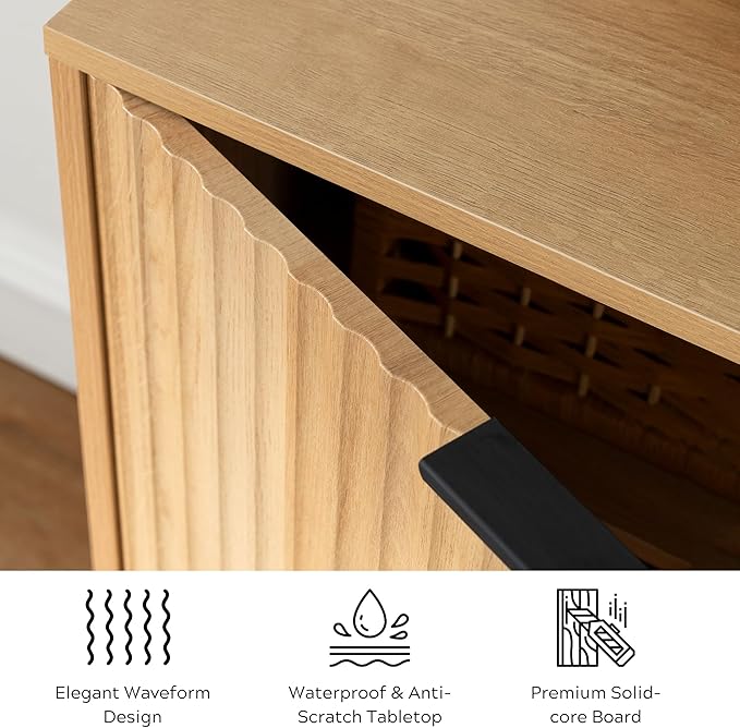 Fluted Storage Cabinet with 3 Doors, Sideboard Buffet Cabinets, Modern Accent Cabinets with Adjustable Shelves, Wooden Credenza Console Table Cabinet for Living Dining Room, Natural Oak