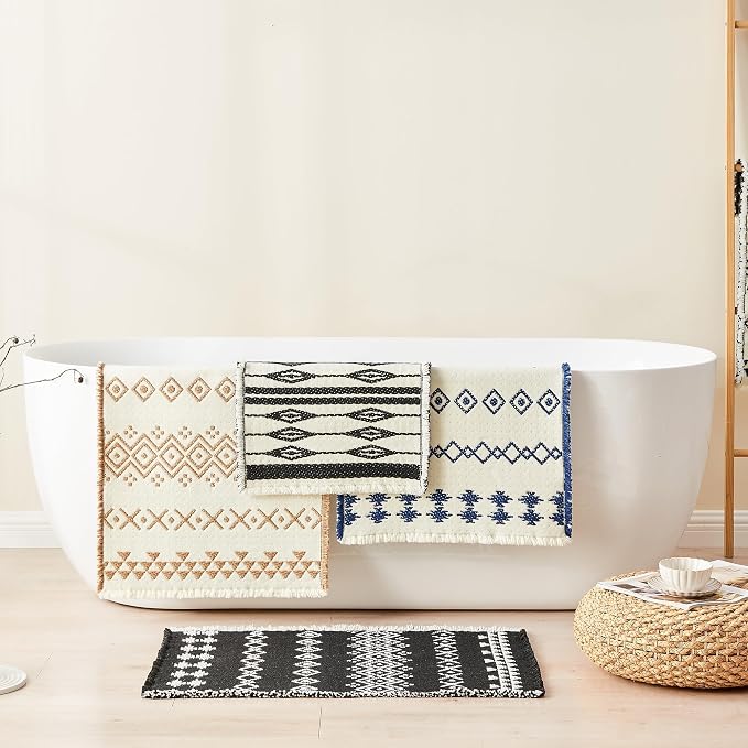 Douceur Boho Bath mat for Bathroom Floor Non Slip, Acrylic Blend Cute Bath Rugs with Tassels, Tribal Ethnic Pattern Farmhouse Bathroom Rugs, 24" x 36", Black