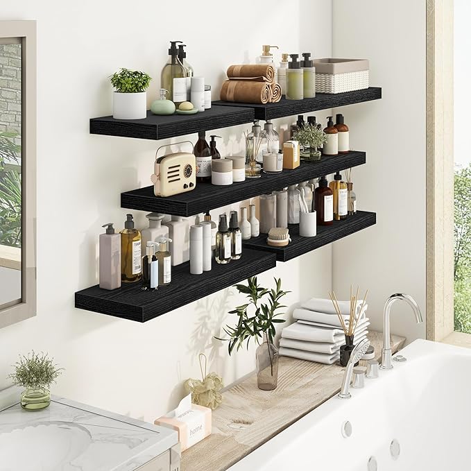 Fun Memories 36Inch Floating Shelves, 9.3Inch Deep Rustic Wall Shelves - Extra Deeper & Thicker Wall Mounted Storage Shelf for Kitchen, Farmhouse - Set of 2 - Rustic Black