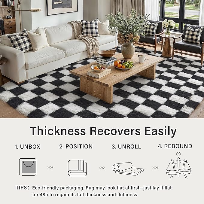 Checkered Rug 7x10 for Living Room, Black and White Modern Shag Rug Washable Non-Slip Large Area Rug Super Soft Indoor Fuzzy Carpet Fluffy Rugs for Bedroom Home Aesthetic Decor