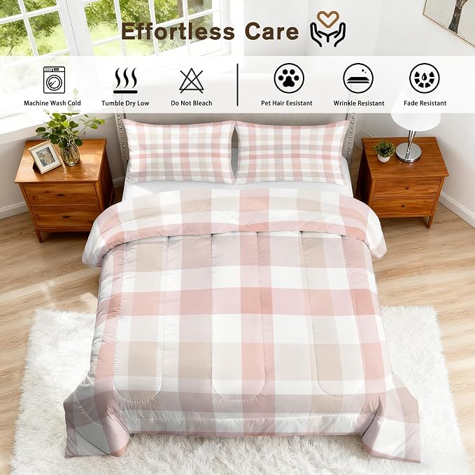 Pink Checkered King Size Comforter Sets 3 Piece, Buffalo Check Printed Pattern, Soft All Season Bed Comforter & 2 Pillow Sham, Farmhouse Plaid Bedroom Decor Reversible Bedding D-GM5