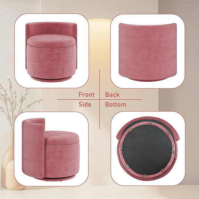 360° Swivel Accent Chair with Storage, Vanity Stool with Back, Velvet Storage Ottoman, Upholstered Round Barrel Vanity Chair for Living Room, Makeup Room, Bedroom (Dusty Rose)