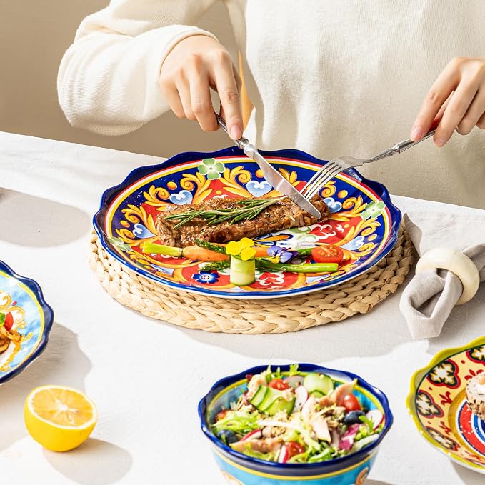 UNICASA Ceramic Dinner Plate Set of 4, 10.5 Inch Porcelain Pasta Plates Set– Serving Dishes for Salad, Steak, Colorful Boho Decoration, Microwave & Dishwasher Safe