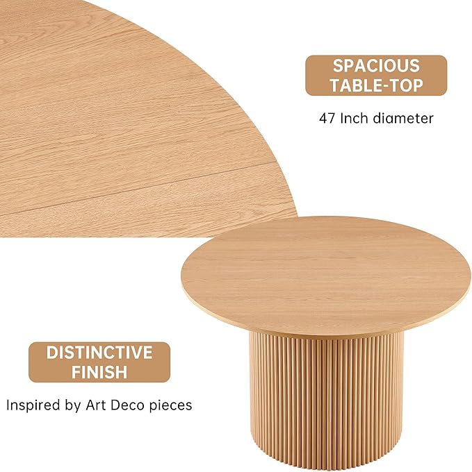 NORDICANA 5-Piece Round Dining Table Set for 4, Rustic 47-Inch Kitchen Table and Chair Set, Dining Set with Off White Upholstered Armchairs, Manufactured Wood Top with Oak Veneer