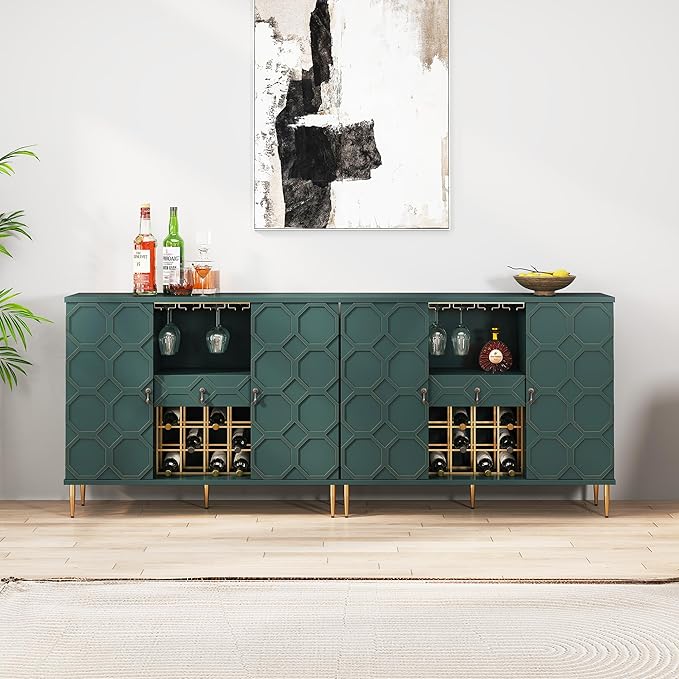 Modern Bar Cabinet with Drawer, Liquor Cabinet with Wine Glass Racks and Shelves, Geometric Door Buffet Sideboard for Dining Room, Living Room, Kitchen, Green
