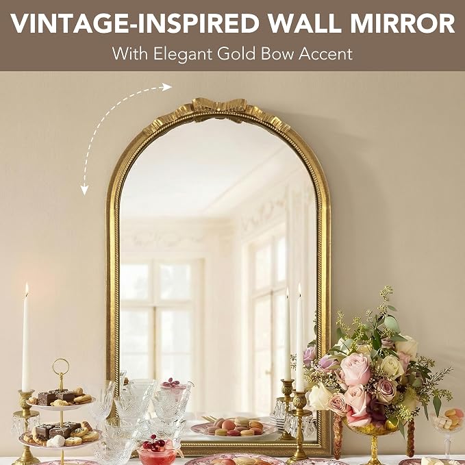 Gold Arched Bow Mirror - Modern Wall Mounted Large Beaded Mirror : 24"x39" Large Matt Gold Antique Wall Decor - Clean Ornate for Entryway/Fireplace/Bathroom/Hallway