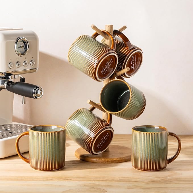 theterra Ceramic Coffee Mugs Set of 4, 14.2oz Handmade Coffee Cups with Handle for Latte, Tea, Milk, Beer, Hot Cocoa, Sage Umber
