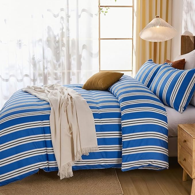 Merryword Striped Duvet Cover Set King Size - 100% Cotton Duvet Cover Set, Blue Ribbon Stripes Pattern Comforter Cover 3 Pieces, Soft Linen Like Bedding Set for All Seasons