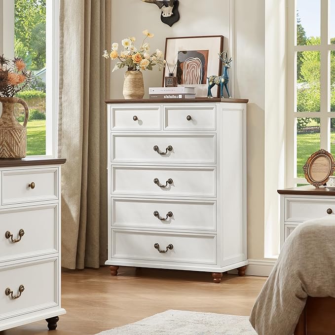 Farmhouse 6 Drawer Dresser for Bedroom, 42" Tall Rustic Chests of Drawers w/ 4 Solid Wood Feet, Mid Century Modern Wooden Closet Storage Dressers Organizer for Living Room, Hallway,White
