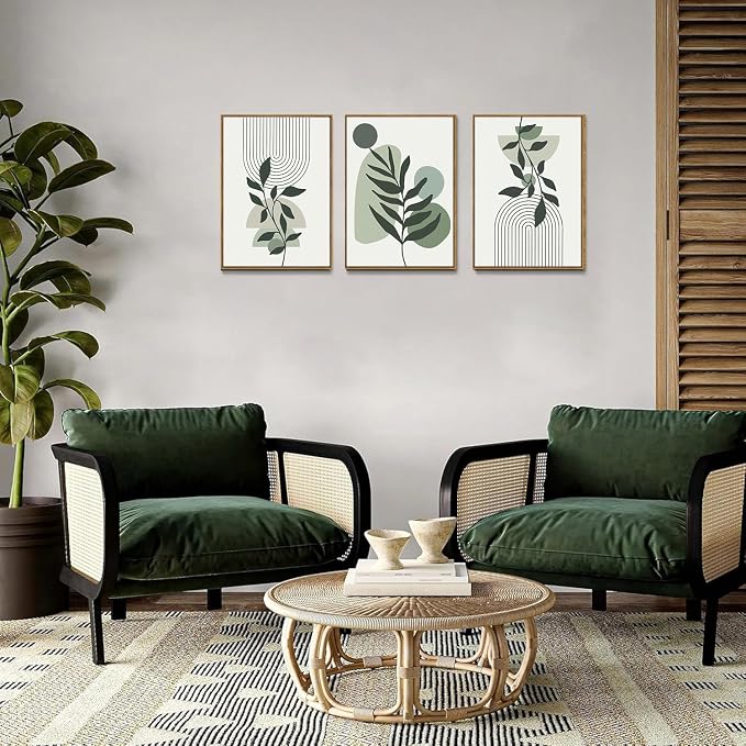 Bwodke Boho Wall Art, Framed Abstract Wall Art, Botanical Canvas Wall Decor, Mid Century Line Leaf Geometric Pictures Set of 3, Minimalist Paintings, for Bedroom Living Room Bathroom 16"x24"